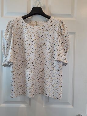 Melloday Boxy Puff Sleeve Dot Print, White with Yellow Pink Brown Flecks Sz XL